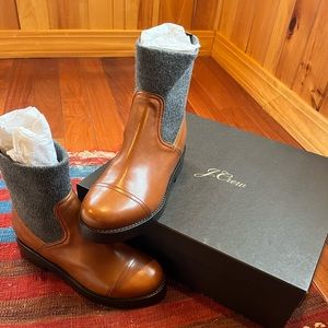 NIB J. Crew Sock Boots in Italian Leather and Wool 8 Medium / Burnt Caramel